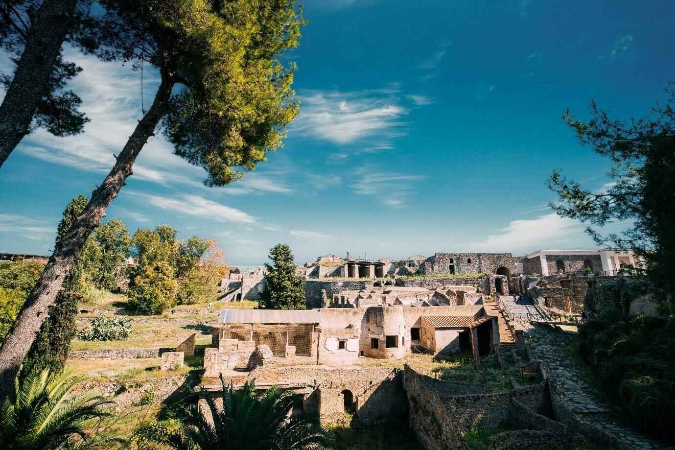 Pompeii ruins on a sunny bright day.